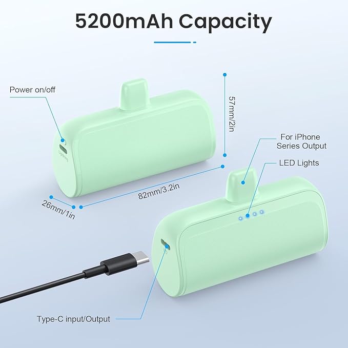[2 Pack]Mini Portable Charger for iPhone,5200mAh Ultra-Compact Fast Charging Power Bank Cordless Small Battery Pack Compatible with iPhone 14/14 Pro Max/13/13 Pro/12/11/XR/8/7(Light Green+Light Blue)