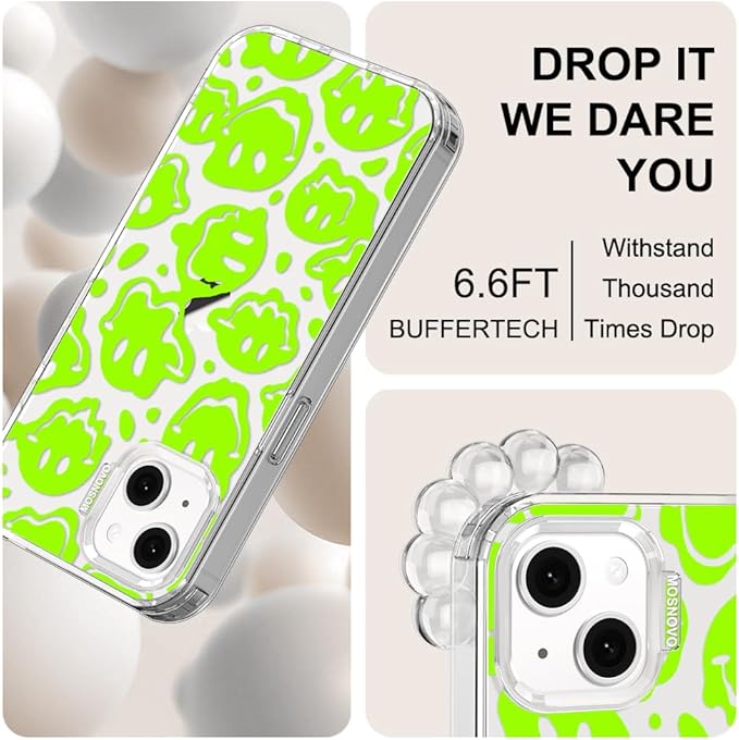 MOSNOVO for iPhone 13/14 Case | Military Grade 6.6ft Drop Tested | Clear with Distorted Green Smiles Face Design