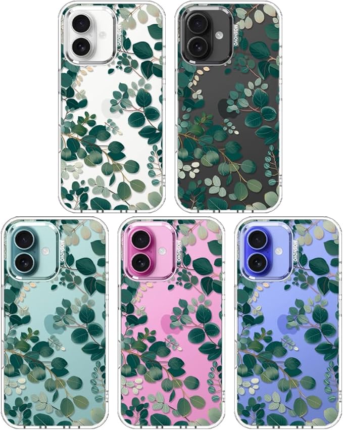 MOSNOVO Case for iPhone 16, [Buffertech 6.6ft Military-Grade Drop Protection] [Anti Peel Off Tech] Clear TPU Bumper Phone Case Cover Design - Eucalyptus