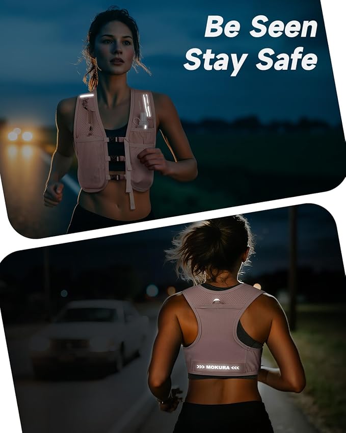 MOKURA Running Vest for Women Men, Lightweight Hydration Vest with 500ML Soft Flask & Phone Holder, Reflective Running Backpack, Adjustable Run Pack Water Bottle, Runner Marathon Essentials