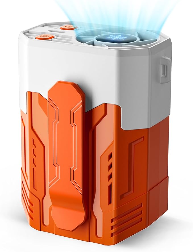Portable Fan 4000mAh Rechargeable, 4 Speeds 13000RPM Strong Airflow, Personal Waist Fan with Max 24H Working Time, Wearable Clip Belt fan for Camping, Outdoor, Jobsite, Traveling -Orange & White