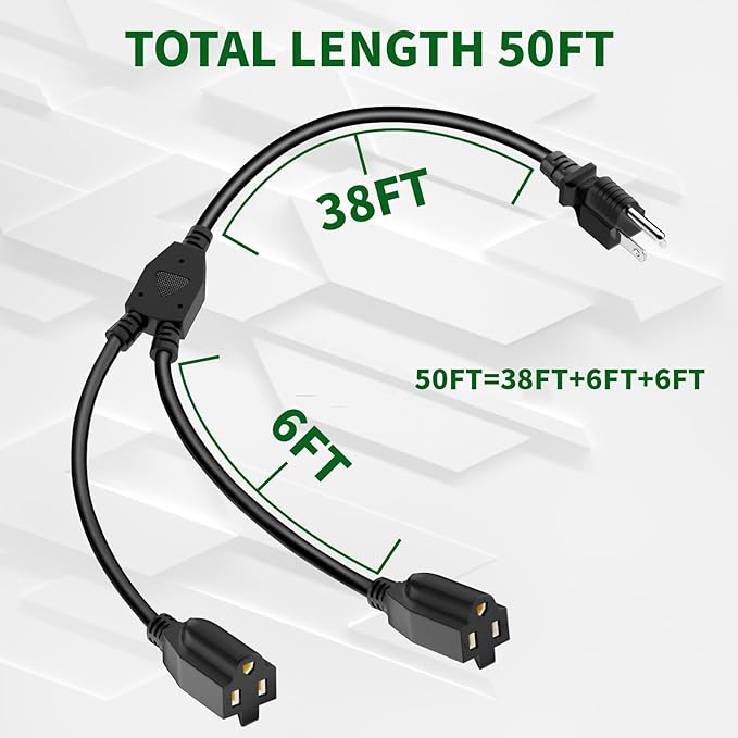 2 Way Power Extension Cord Splitter 50 Ft Total (38+6+6)-3 Prong 1 to 2 Extension Cord Cable Y Splitter-Outlet Adatper-SJTW Outdoor for Halloween Christmas Lighting Landscaping-16AWG 13A 125V-UL-1T2