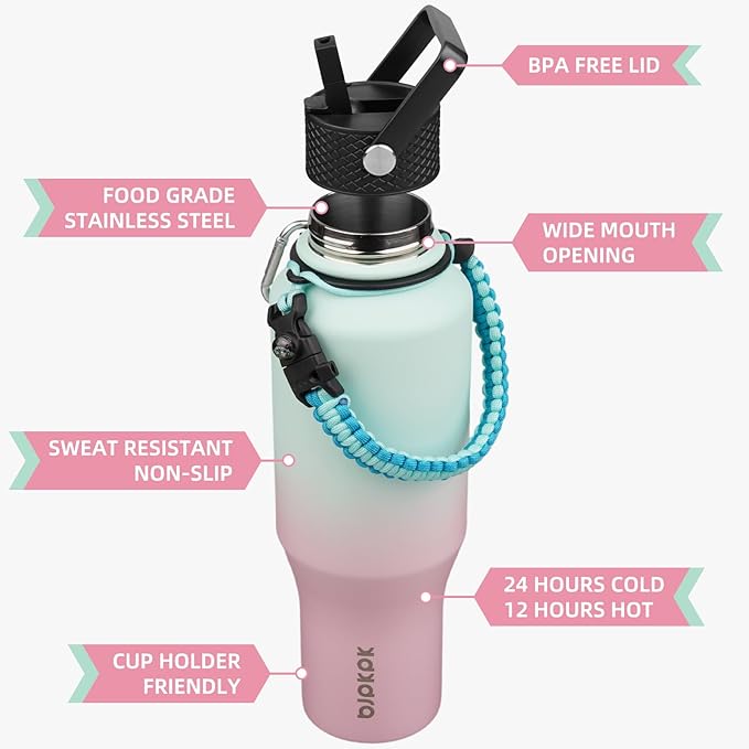 BJPKPK Insulated Water Bottles with Straw Lid, 35oz Metal Water Bottle with 2 lids & Paracord Strap, Double Wall Stainless Steel Vacuum Tumblers, Cups, Mugs, Thermo for Hot& Cold Drinks, Marshmallow