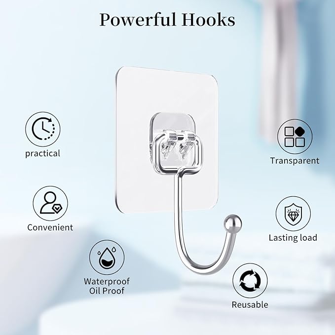 10 PCS Adhesive Wall Hooks 33lb(Max) Reusable Anti-Skid Traceless Hooks Heavy Duty 180 Degree Rotating,Waterproof and Oilproof, Bathroom Kitchen Heavy Duty Self Adhesive
