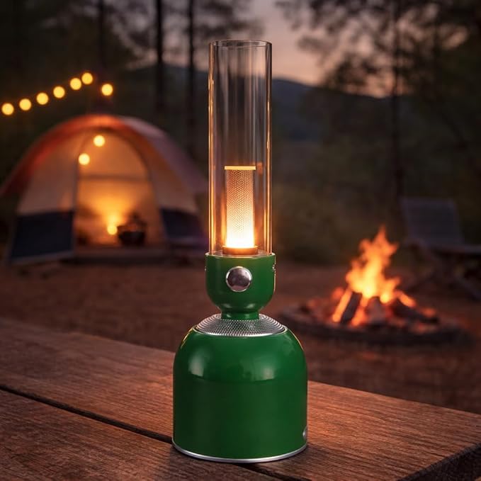 Rechargeable 3-in-1 Camping Lantern with Bluetooth Speaker, Essential Oil Diffuser, Dimmable with Tactile Knob, 1800K/2200K/2700K Tone Options, Classic Lantern Style with Rustic Green