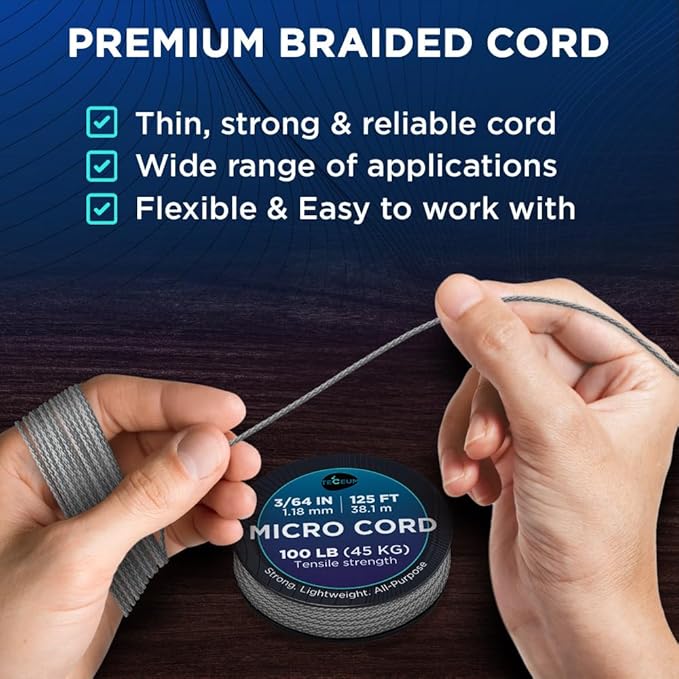 TECEUM Micro Paracord – 1.18 mm X 125 ft – Micro Utility Cord – Thin Braided Paracord Rope – Best for Crafting, DIY Projects, Fishing, Camping – Wind Chime Replacement – Survival Strong String