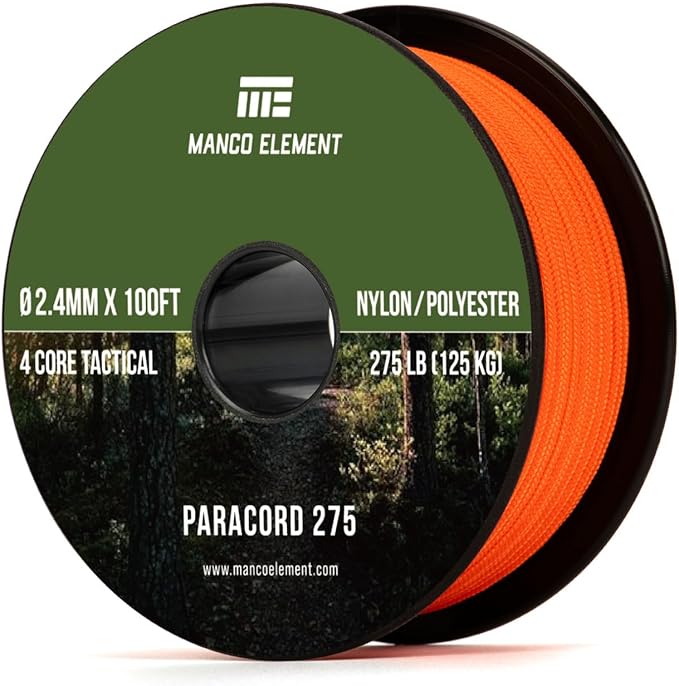2.4mm Paracord 275LBS 100FT Rope Cord - 4 Strand, Nylon & Polyester, Abrasion Resistance - Orange