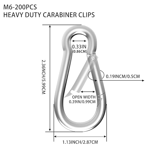 Carabiner, Heavy Duty Galvanized Steel Spring Snap Hook Carabiner Clips with 260LBS Holding Capacity, Ideal for Outdoor, Hammock, Swing and Travel (M6 2.4Inch, 200PCS)