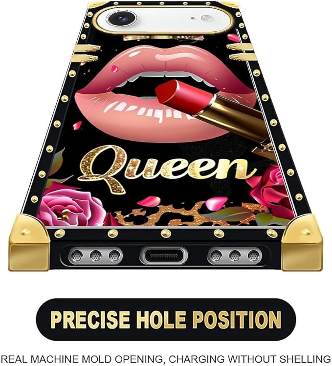 for iPhone 17 Air Case Luxury Golden Decoration for Girl Women Soft TPU Shockproof Protective Hard PC Back for iPhone 17 Air Crazy Pattern Glitter Red Rose Queen Leopard Lipstick