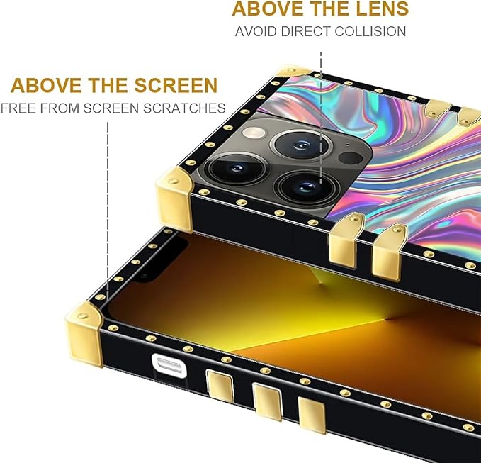 Compatible with iPhone 13 Pro Max Case, Holographic Abstract Iridescent Textures Luxury Golden Decoration for Girl Women Soft TPU Shockproof Protective Hard PC Back
