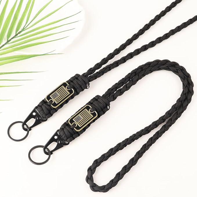 2pcs Heavy Duty Braided Paracord Lanyard Keychains with USA Flag, Parachute Rope Necklace for Outdoor Activities