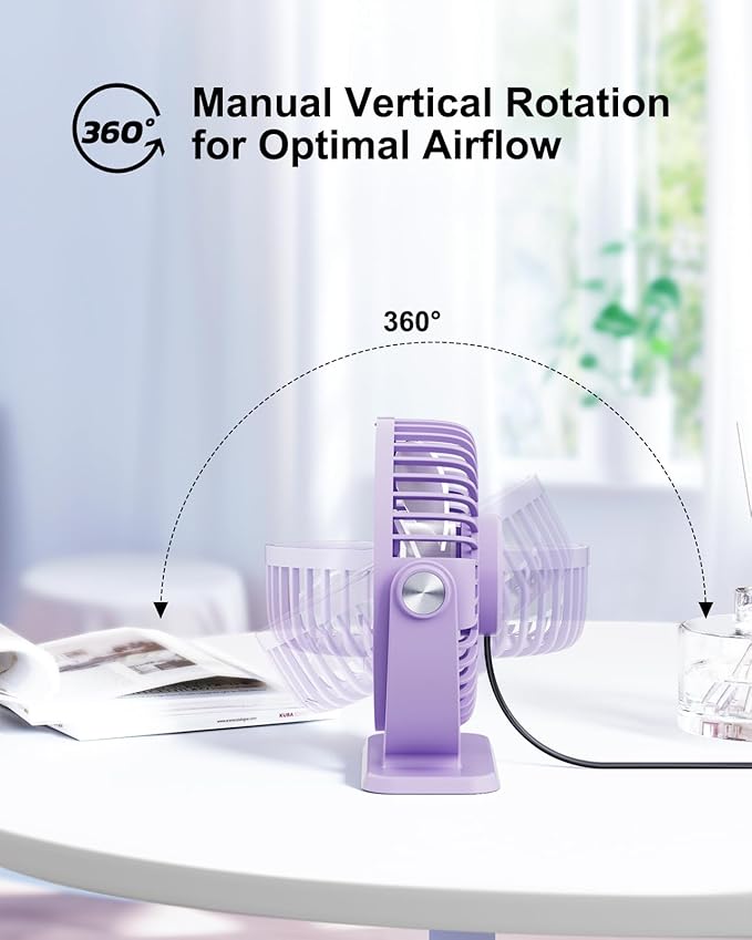 TriPole Desk Fan USB Powered Mini Portable Fan 3 Speeds Strong Airflow Small USB Fans 360°Rotation Personal Travel Fan 5.1 Inch for Home Office Table Bedroom Bedside Desktop, Purple, 4.9ft Cable