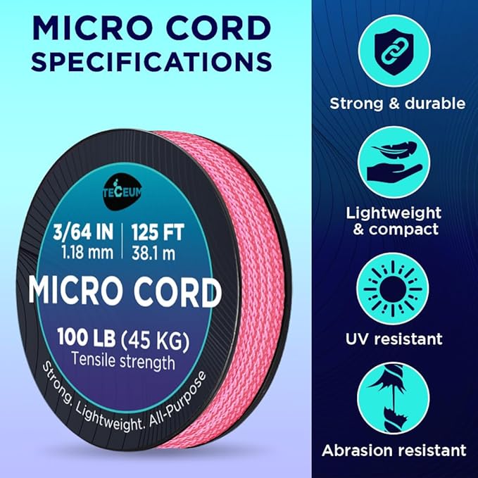 TECEUM Micro Paracord – 1.18 mm X 125 ft – Micro Utility Cord – Thin Braided Paracord Rope – Best for Crafting, DIY Projects, Fishing, Camping – Wind Chime Replacement – Survival Strong String