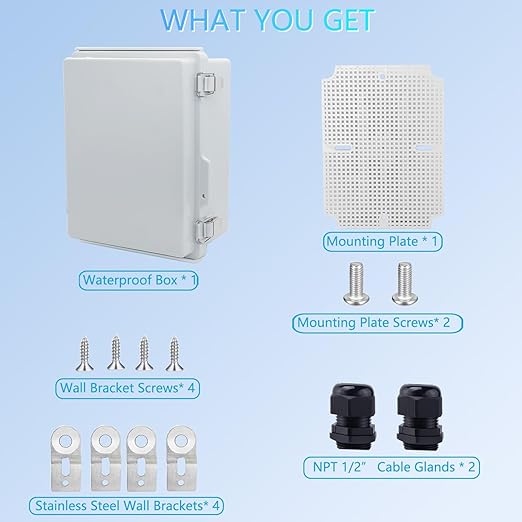 IP67 Waterproof Junction Box, ABS Plastic Electrical Enclosure with Stainless Steel Latch, Hinged Cover Electric Box with Mounting Plate, Wall Brackets & Cable Glands 210x160x100