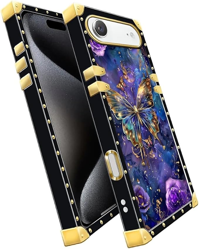 for iPhone 17 Air Case Luxury Golden Decoration for Girl Women Soft TPU Shockproof Protective Hard PC Back for iPhone 17 Air Crazy Pattern Glistening Golden Butterfly Vibrant Purple Blue