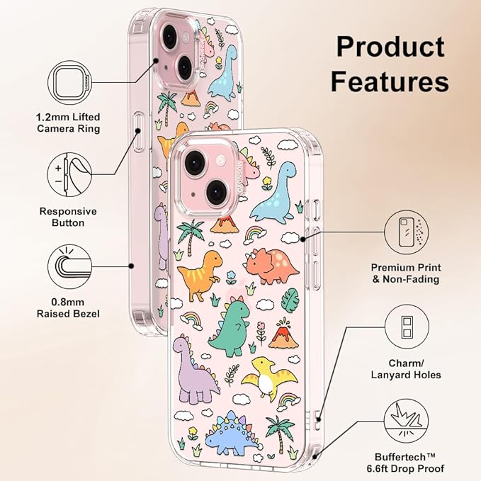 MOSNOVO Case for iPhone 15 Plus/iPhone 14 Plus, [Buffertech 6.6ft Military-Grade Drop Protection] [Anti Peel Off Tech] Clear TPU Bumper Phone Case Cover Design - Dinosaur Land