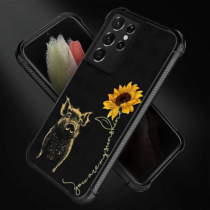 for Samsung Galaxy S21 Ultra Case, Pig Sunflower Yellow Sunshine Pattern Graphic Design Girl Boy Soft Silicone Hard Acrylic Shock Protection for Samsung Galaxy S21 Ultra