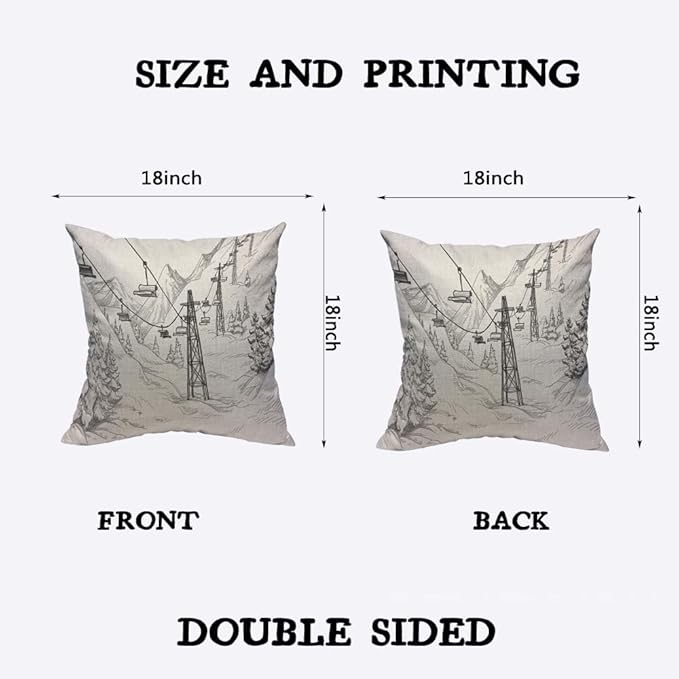 TKS MITLAN Mountain Ski Lift Pillow Cover 18x18 inch Sketch White Wintertime Snow Landscape Resort Rustic Linen Throw Pillow Covers 18x18 Inch for Sofa Couch Decoration