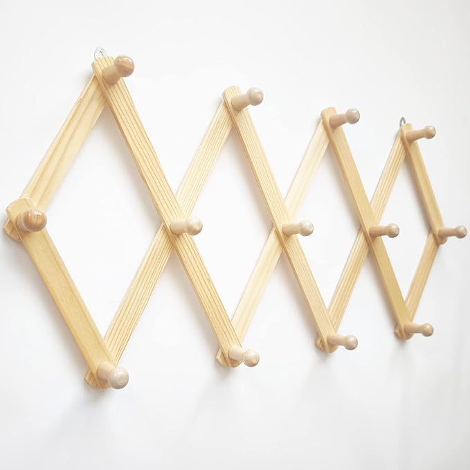 AMAPON Accordion Style Expandable Wall Wooden Coat Rack 13 Hooks (Pegs) Hang Hats Jackets Coffee Mug Purses Necklaces Towels Cap Leash Scarves Data Line Kitchenware (2 Packs)