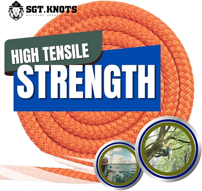 SGT KNOTS Arborist Double Braided Polyester Rope - Heavy Duty Tree Pulling Rope, Rigging, Tree Ropes, Arborist Pulling, Felling, Sailing, Industrial Rigging (0.625 in x 50 ft) Orange