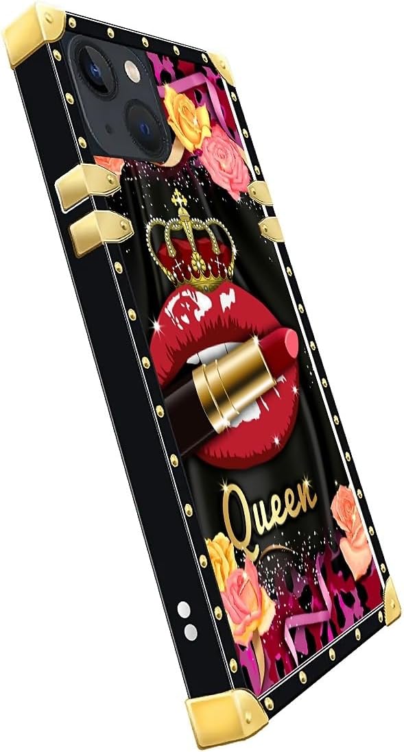 Compatible with iPhone 15 Case, Queen Lip Crown Leopard Print Luxury Golden Decoration for Girl Women Soft TPU Shockproof Protective Hard PC Back for iPhone 15