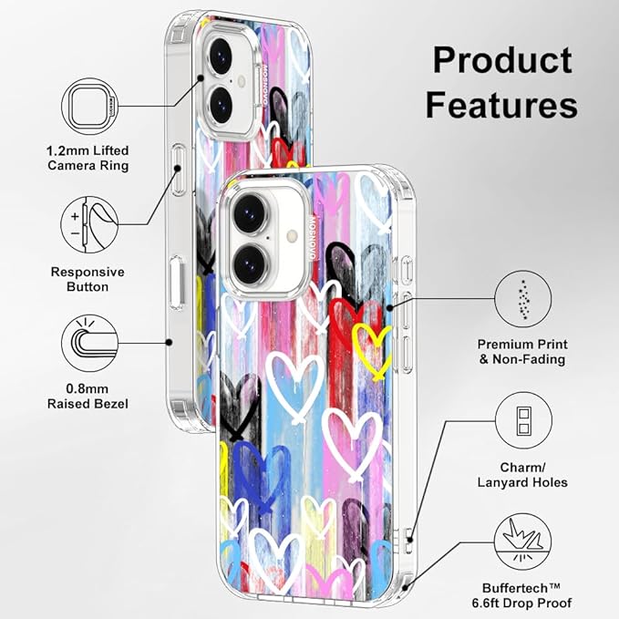 MOSNOVO for iPhone 17 Case, Shockproof Military-Grade Protection 6.6ft Drop Tested, Camera Control, Clear Phone Case for iPhone 17, Graffiti Hearts Design