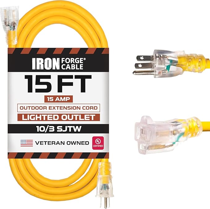Iron Forge Cable Outdoor Extension Cord 15 ft - 10 Gauge Heavy Duty Extension Cord 15 AMP, 10/3 Yellow Power Cable SJTW Weatherproof with 3 Prong