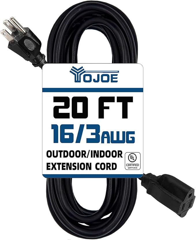 YOJOE Indoor Outdoor Extension Cord, 3 Prong 13A Weatherproof Power Cord, 16 Gauge Heavy Duty 20 ft Black Extension Cord for Garage, Garden and Home, 16/3 SJTW UL Listed
