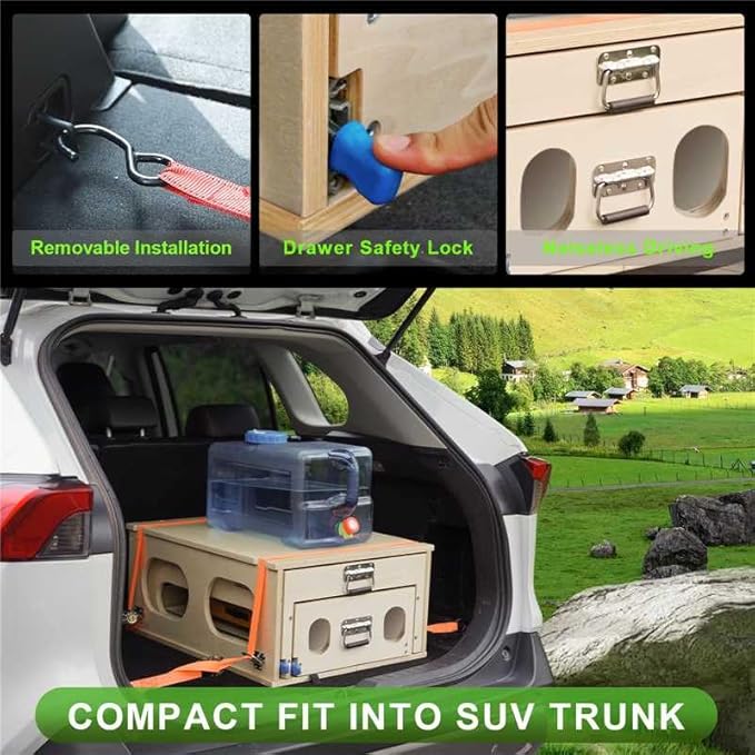 Overland Kitchen Slide-Out System, All-in-One Camp Kitchen Box with Sink, Chopping and Cooking, Right Side, Folding Camping Table for SUV, Overlanding, Car Camping, 1-Minute Setup