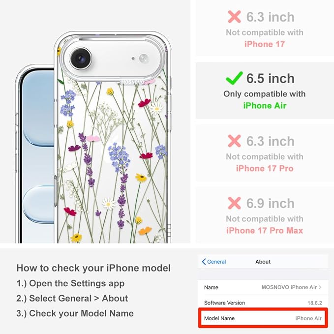 MOSNOVO for iPhone Air Case | Military Grade 6.6ft Drop Tested | Camera Control | Clear with Floral Garden Design