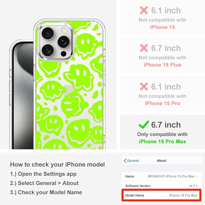 MOSNOVO Case for iPhone 15 Pro Max, [Buffertech 6.6ft Military-Grade Drop Protection] [Anti Peel Off Tech] Clear TPU Bumper Phone Case Cover Design - Distorted Green Smiles Face