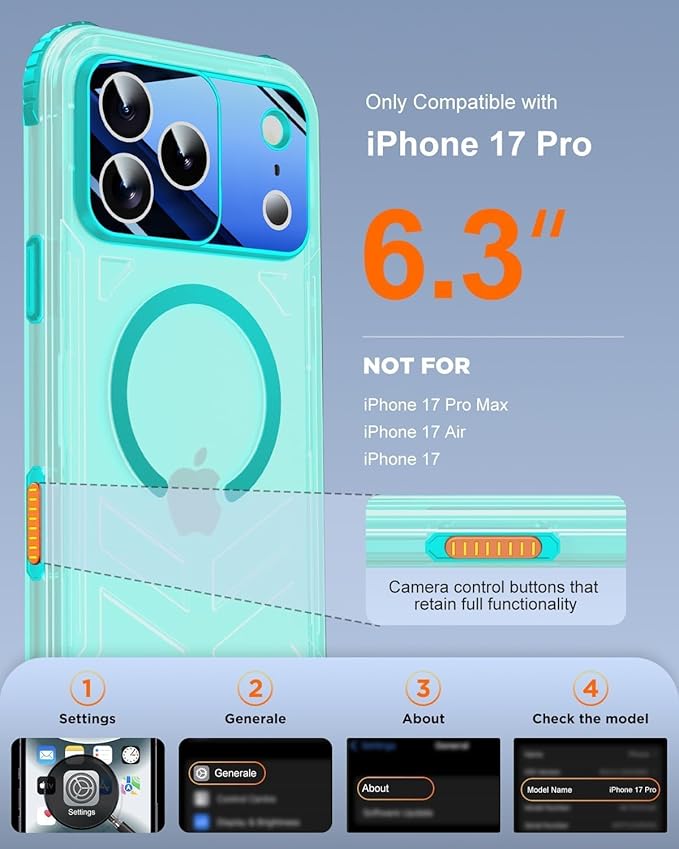 for iPhone 17 Pro Waterproof Case with Magsafe, Built-in [Camera & Screen Protector] [Lanyard], IP68 Water Proof Full Body Dustproof Heavy Duty Frosted Protective Phone Cover, 6.3" Teal