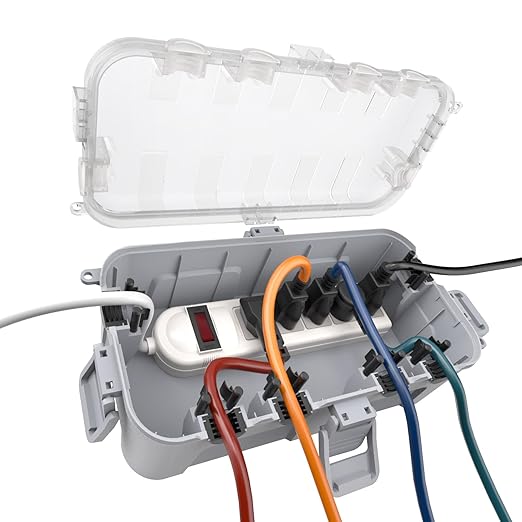 Flemoon Medium Outdoor Electrical Box Waterproof with Clear Lid, Weatherproof Extension Cord Cover for Photocell Light Sensor Timer, Power Strip, Outlet, Plug, Socket, Transparent and Gray