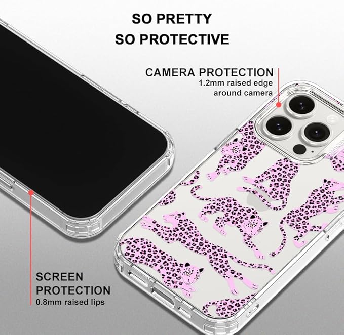 MOSNOVO Case for iPhone 15 Pro, [Buffertech 6.6ft Military-Grade Drop Protection] [Anti Peel Off Tech] Clear TPU Bumper Phone Case Cover Design - Pink Leopard