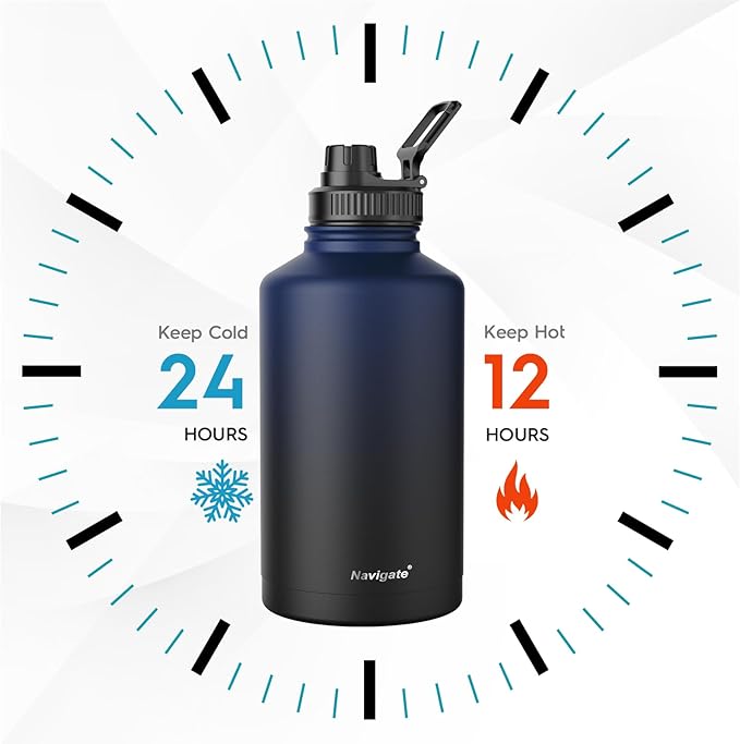 Navigate 64 oz Stainless Steel Insulated Water Bottle,Double Walled Leak Proof Keep Cold for 24 Hrs Hot for 12 Hrs,Wide Mouth Water Jug with Spout & Handle Lids,Blue to Black