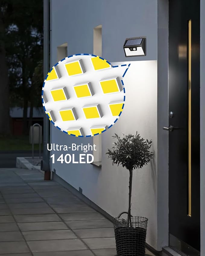 Peasur Solar Powered Lights Outdoor, 140 LED 24Pack Motion Sensor Light Outside, IP65 Waterproof Fence Security Lighting with 3 Modes for Yard Wall Garden Cool White