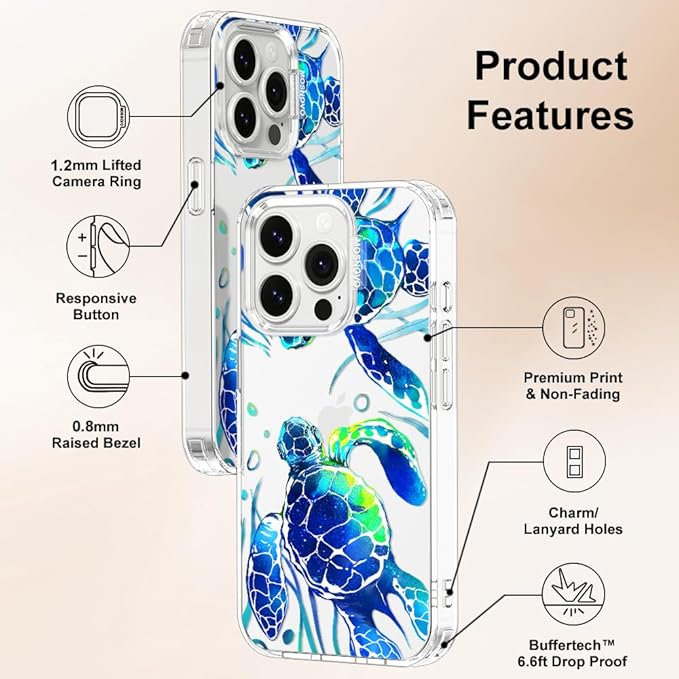 MOSNOVO Case for iPhone 14 Pro, [Buffertech 6.6ft Military-Grade Drop Protection] [Anti Peel Off Tech] Clear TPU Bumper Phone Case Cover Design - Sea Turtles