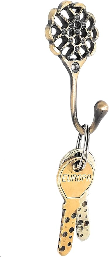 FAPBADRI Multipurpose Hooks, Used to Hang Clothes, Bags, Coats, Curtain Hold Backs, Keys, Colour - Antique Gold, Material - Brass, Mesh Design, Screws and Wallplugs Included, Pack of 2 Pieces