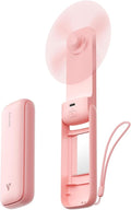 Aecooly Slim Portable Fan with Mirror, Thin Handheld Fan, USB Rechargeable Mini Personal [24H Max Cooling Time], Battery Powered Small Foldable Pocket for Travel, Lash, Makeup, Gifts for Women -Pink
