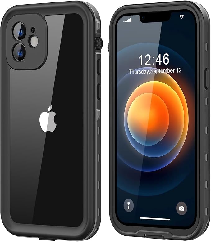 Protebox for iPhone 12 Mini Waterproof Case with Built-in Screen Protector, Shockproof Dustproof Full Body Protective IP68 Waterproof Phone Case for iPhone 12 Mini 5.4 inch (Black/Clear)