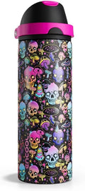Insulated Water Bottle with Straw - Encool Stainless Steel Water Bottle with Push Button Lid, Leak-Proof & BPA-Free, Keeps Cold for 24 Hours for Sports, Travel, Gym (24 oz, Trippy Skulls)