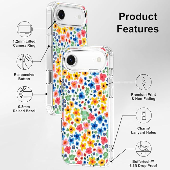 MOSNOVO for iPhone Air Case | Military Grade 6.6ft Drop Tested | Camera Control | Clear with Little Flowers Design