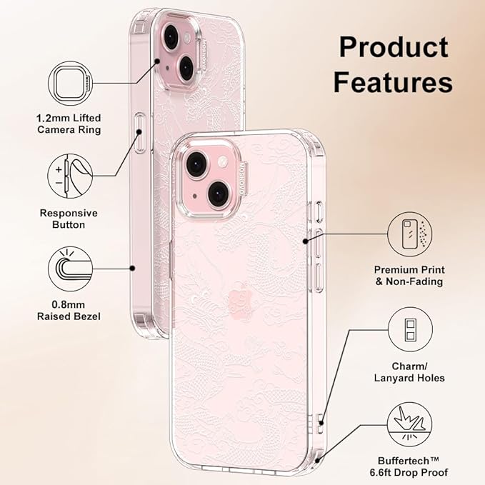 MOSNOVO Case for iPhone 15 Plus/iPhone 14 Plus, [Buffertech 6.6ft Military-Grade Drop Protection] [Anti Peel Off Tech] Clear TPU Bumper Phone Case Cover Design - White Dragon