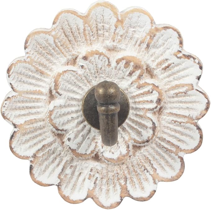 dwellington Distress Wood Flower Coat Hooks for Wall Hanging, Single Small Vintage Decorative Hanger for Keys, Bags, Towels (Robe Hanger)