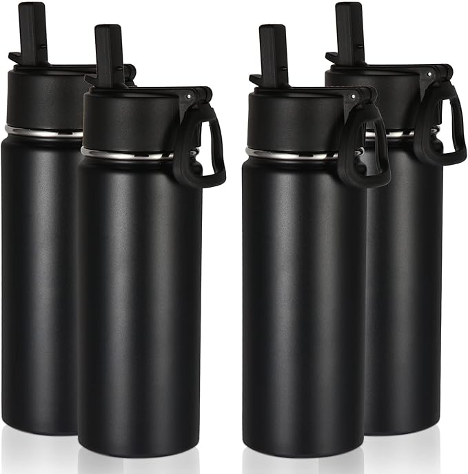 Volhoply 18oz Insulated Water Bottle Bulk 4 Pack,Kids Stainless Steel Water Bottles with Straw Lid,Double Wall Vacuum Metal Bottle,Wide Mouth Reusable Sports Flask For Cold Drink(Black,4 Set)