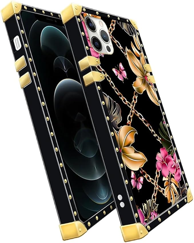 Compatible with iPhone 11 Pro Max Case, Pink Golden Chain Tropical Flower Luxury Golden Decoration for Girl Women Soft TPU Shockproof Protective Hard PC Back for iPhone 11 Pro Max