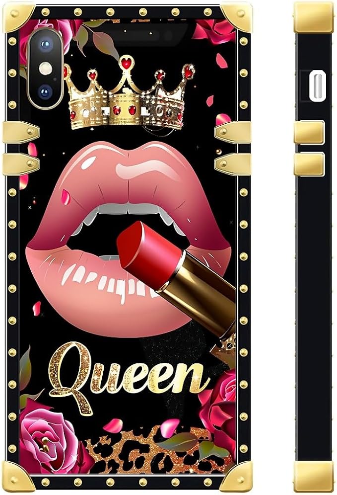 Compatible with iPhone Xs Max Case, Glitter Red Rose Queen Leopard Lipstick Luxury Golden Decoration for Girl Women Soft TPU Shockproof Protective Hard PC Back for iPhone Xs Max
