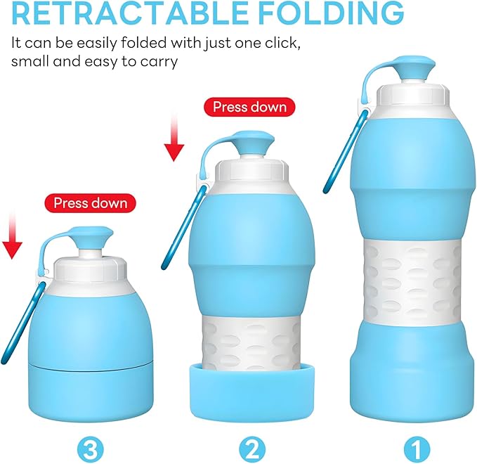 Collapsible Lightweight 20oz Water Bottle, Food-Grade Silicone BPA Free, Foldable Portable Leak Proof Office Travel Cycling Sports Outdoor Water Bottle with Vertical Hook (blue, long nozzle)