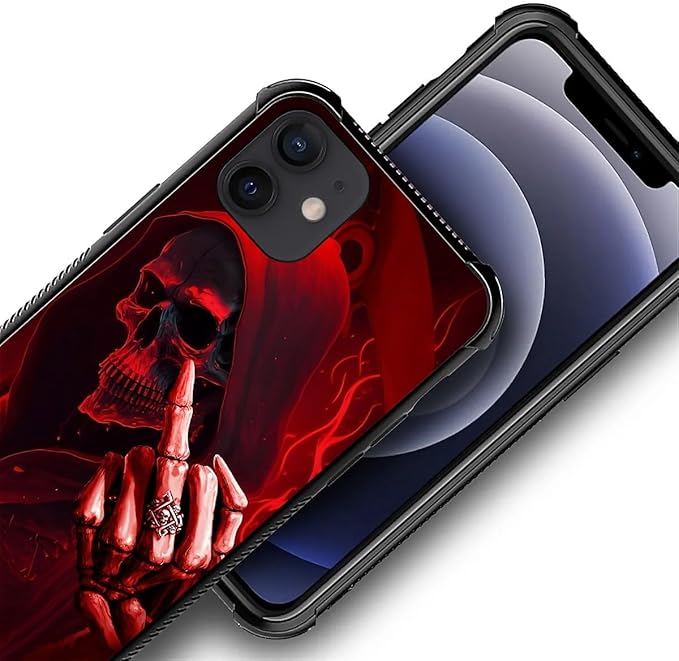 for iPhone 12 Mini Case, Gestures Funny Skull Pattern Graphic Design Girl Boy Soft Silicone Hard Acrylic Shock Protection for iPhone 12 Mini