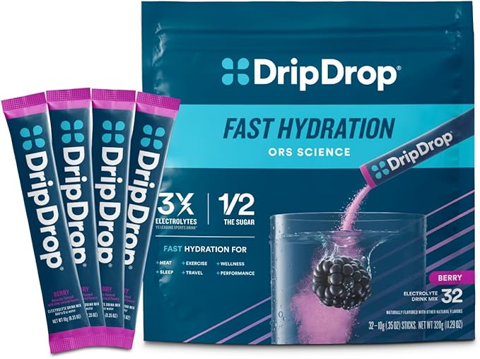 DripDrop Hydration Packets - Berry - Single Serve Electrolytes Powder Drink Mix - Non-GMO, Gluten Free, Vegan - 32 Sticks